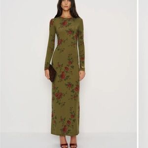 Reformation Olive Green Floral Long Sleeve Dress